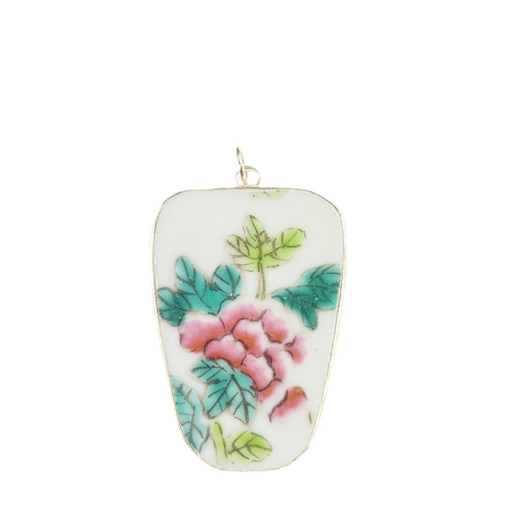 Pink Peony Pottery Shard Pendant Vintage Broken China Jewelry Flower Focal Gift